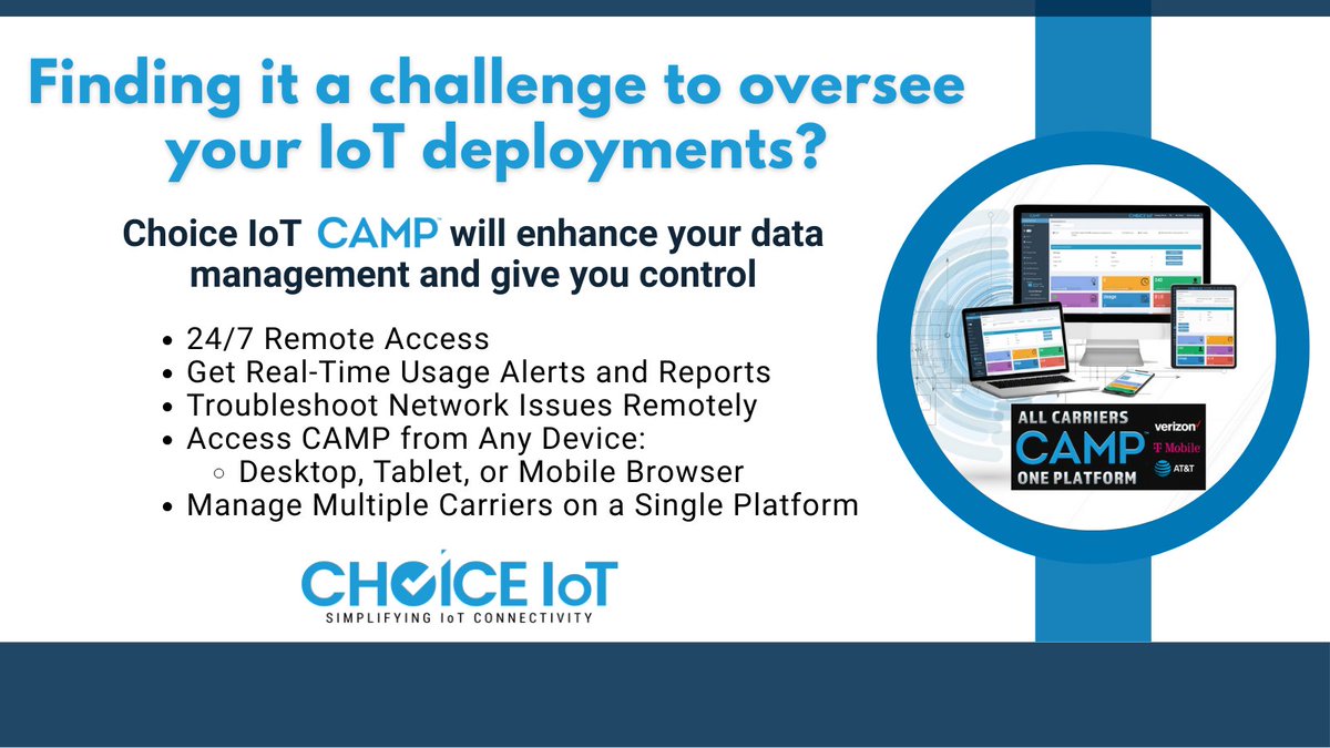 Take full control of your #IoTconnectivity with <a href="/ChoiceIoT/">Choice IoT</a>'s CAMP platform - streamline data management, cut complexity, and scale with confidence.
Learn more at hubs.ly/Q043zHrP0
#IoT #iotdata #multicarriersim #5G #iotsim #CAMP #tmobile #verizon #att #choiceiot