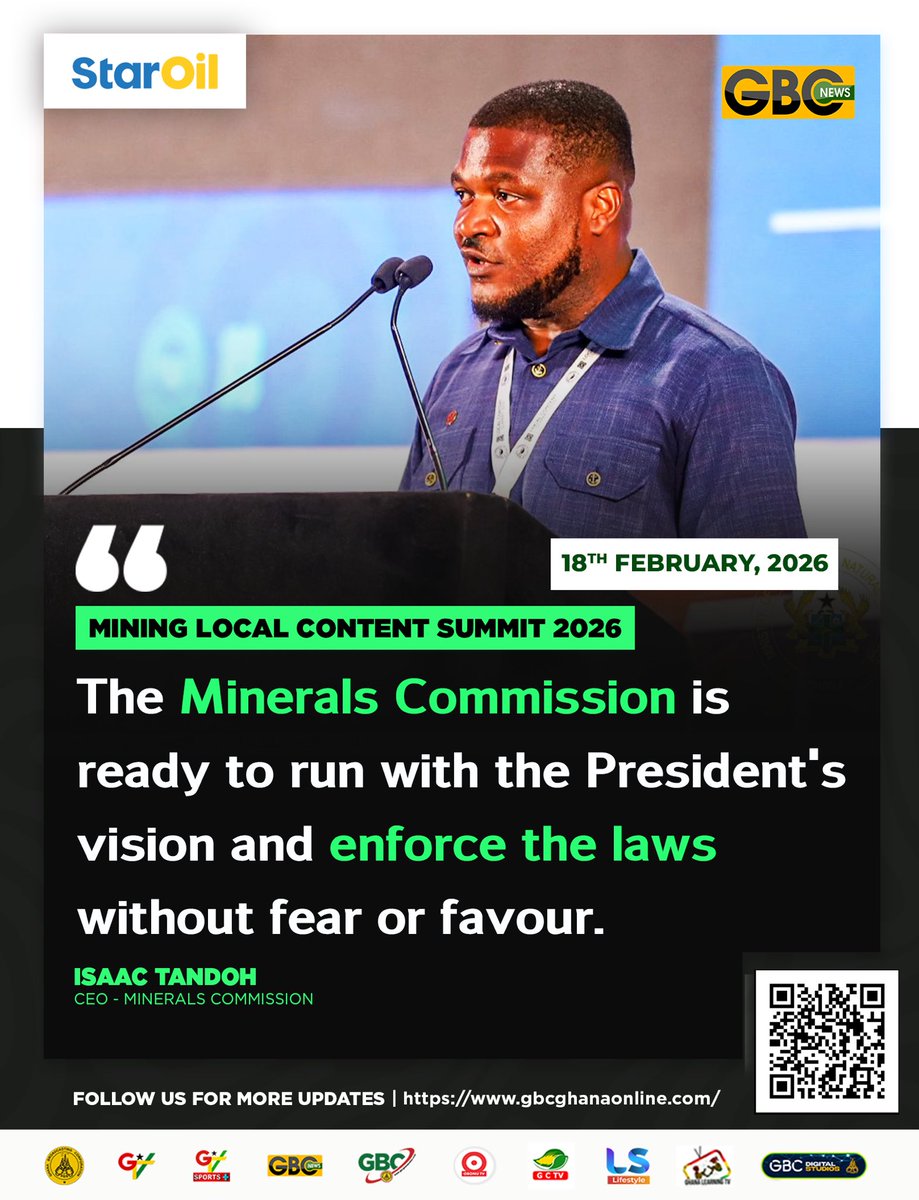 GTV_Ghana's tweet image. The Minerals Commission is ready to run with the President's vision and enforce the laws without fear or favour.

-Isaac Tandoh, CEO, Minerals Commission 

#gbcnews
#minerals