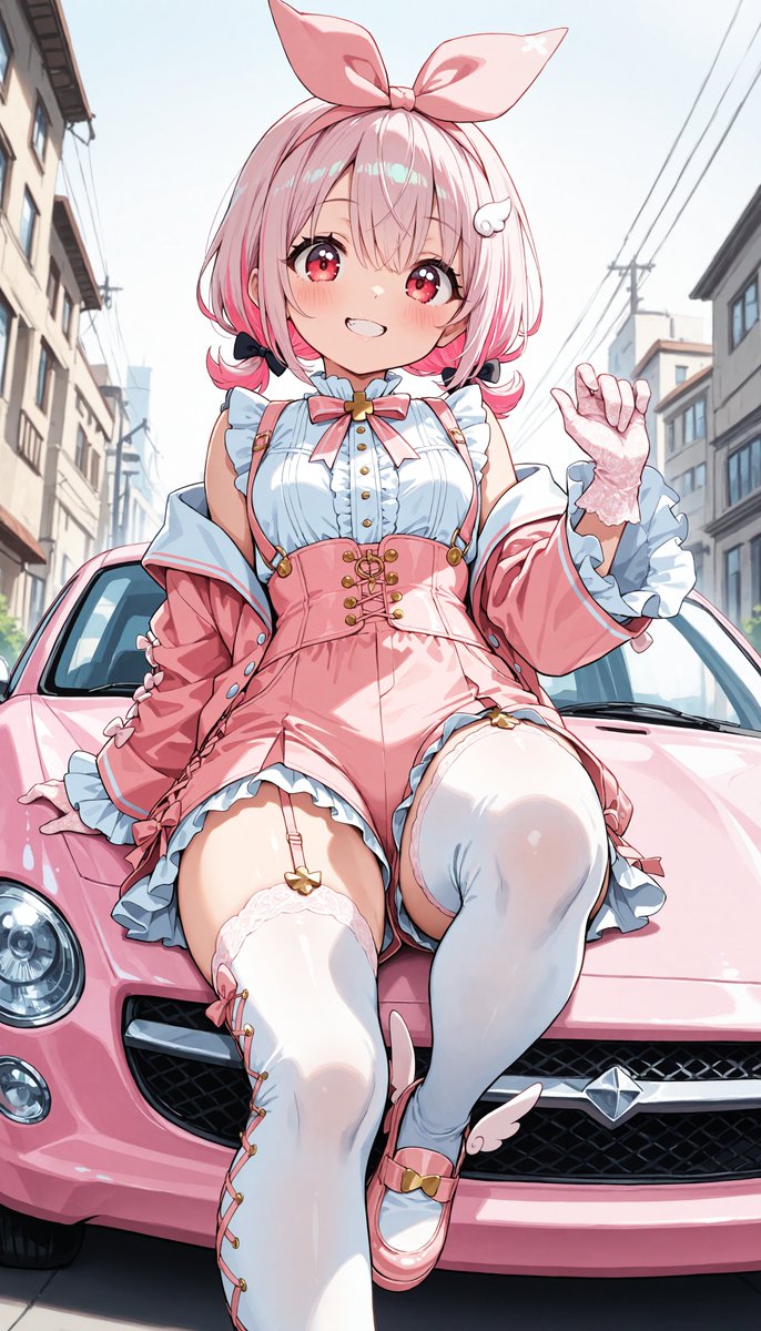 momoya's tweet image. #桃屋菜桜
木曜日、おはよー☀
週も折り返しだねー！

今日はピンクの車と一緒に撮影っ！
衣装は記事で公開してるやつね！
車×私もかっこかわいいよねー？🩷

じゃ、今日もゆるっとがんばってこー！
本日もよろしくお願いしますっ🩷✨️