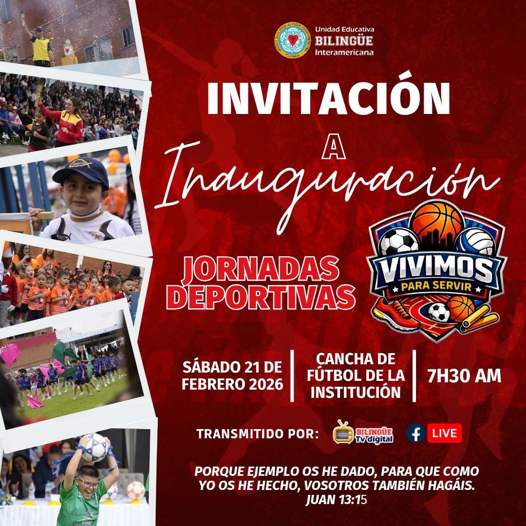 uebicuenca's tweet photo. 📢#Invitación Jornadas Deportivas "Vivimos para Servir"2026 ⚽🏀🏐🧑‍🧑‍🧒🙋🏻‍♀️🙋🏻‍♂️🏫
Los esperamos este sábado para disfrutar este tiempo familiar.

Juan 13:15 https://t.co/krB3PzTYQn
