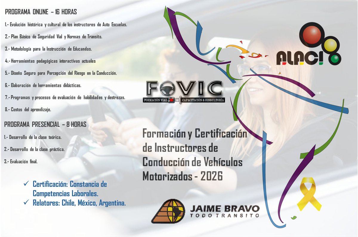 FORMACIONVIAL's tweet photo. Estimados amigos, con el gusto de anunciar nuestro próximo proyecto de Certificación de Instructores de conducción que estará disponible a partir del mes de abril de 2026. Será un formato hibrido. Estén pendientes de más información próximamente. https://t.co/oMGyCaSc9d