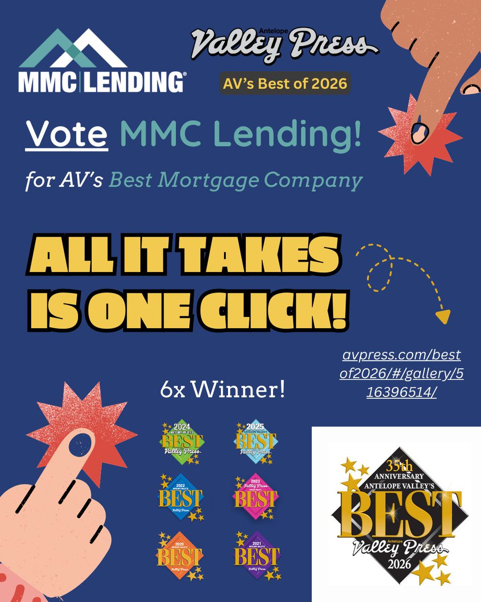 MMCLending's tweet photo. We’re honored to have been voted the AV’s Best Mortgage Company six consecutive years 🏆 Now it’s time for Best of 2026, and we’d appreciate your support once again!

🗳️ Vote MMC Lending for AV’s Best Mortgage Company

Thank you, Antelope Valley — we couldn’t do this without you! https://t.co/ISXTwWap5s