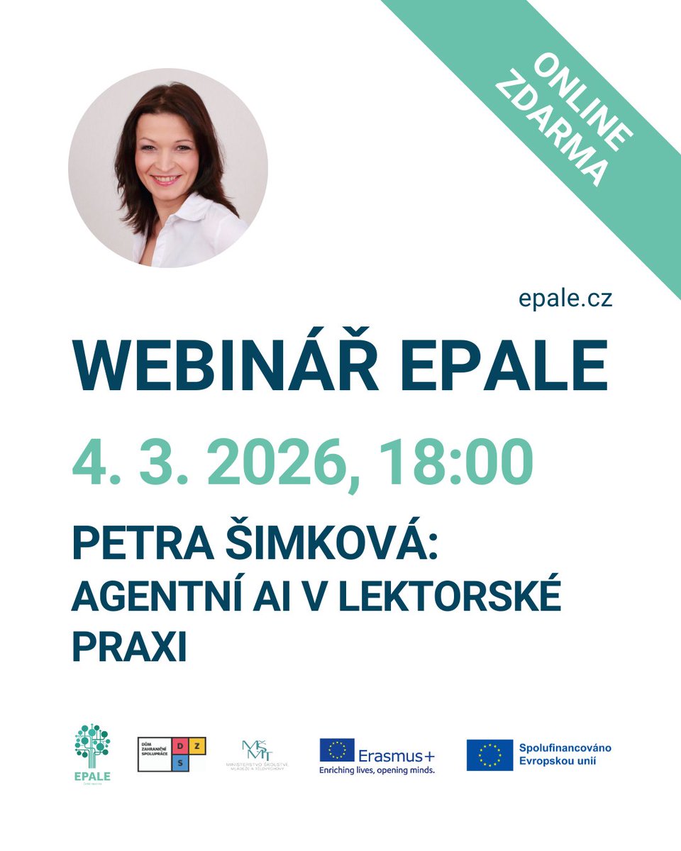 Další webinář <a href="/EPALE_CZ/">Vzdělávání dospělých</a> je za dveřmi! 🚪

Tématem bude tentokrát Agentní AI v lektorské praxi a připravuje jej pro vás Petra Šimková. 👩‍🏫

🔗 Bezplatná registrace na webinář: us06web.zoom.us/webinar/regist…

#edu #epale #hr #lnd #vzdelavanidospelych #ai