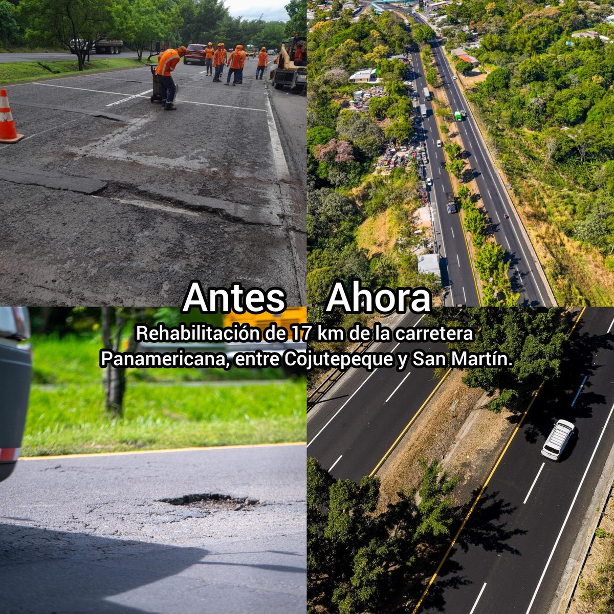 Así continúan avanzando las obras con <a href="/nayibbukele/">Nayib Bukele</a> en todo El Salvador: 

✅️ Rehabilitación de 17 km de la carretera Panamericana, entre Cojutepeque y San Martín. 🇸🇻