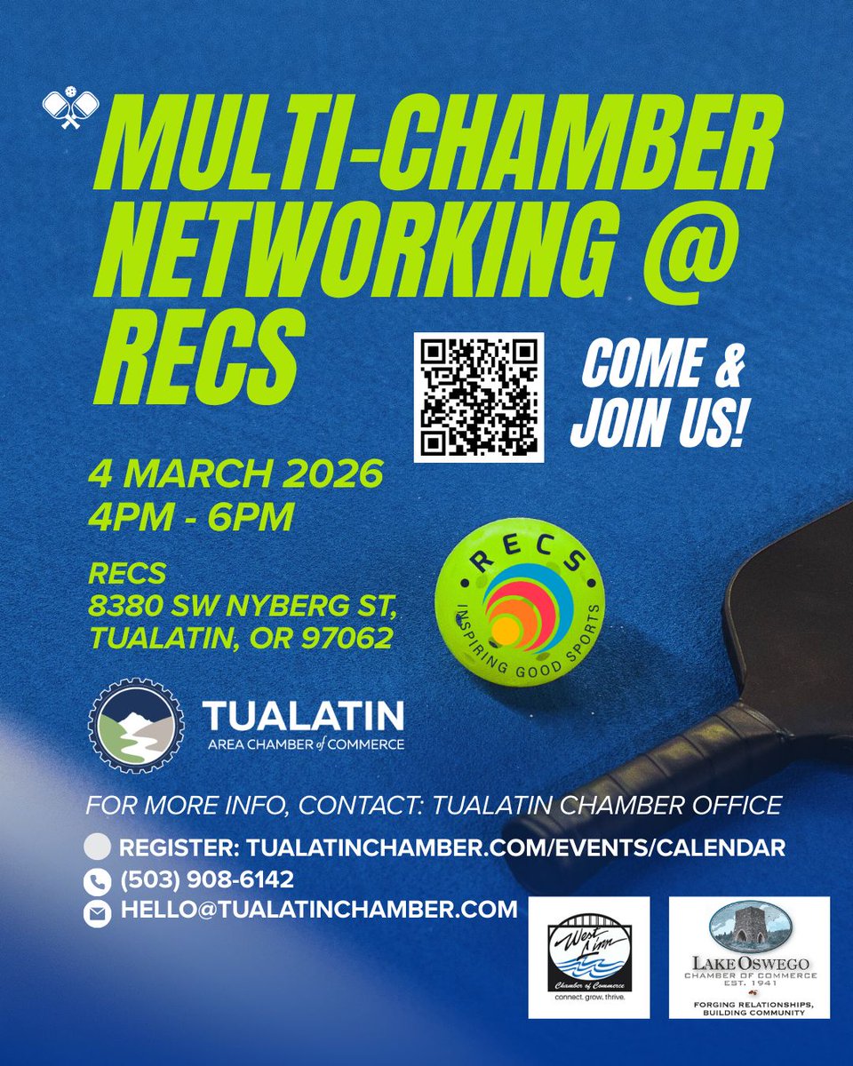 🎉 Multi‑Chamber Networking at RECS Pickleball! 🎉
Tuesday, March 4th • 4:00–6:00 PM  
Location: RECS Pickleball Tualatin
Cost: $5 per person
Register: TualatinChamber.com/events

Ready to mix business with a little friendly competition? Join us for Multi‑Chamber Networking!