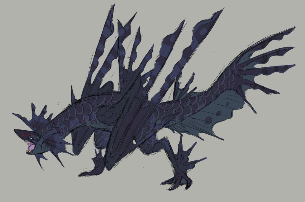 Ebony Plesioth 
A Rare Species of Plesioth that is adapted for mudy shallow savannah rivers.  Its spines are highly Venomous.
It resides in the Whistling Grasslands!

#MonsterHunterWilds 
#MonsterHunter