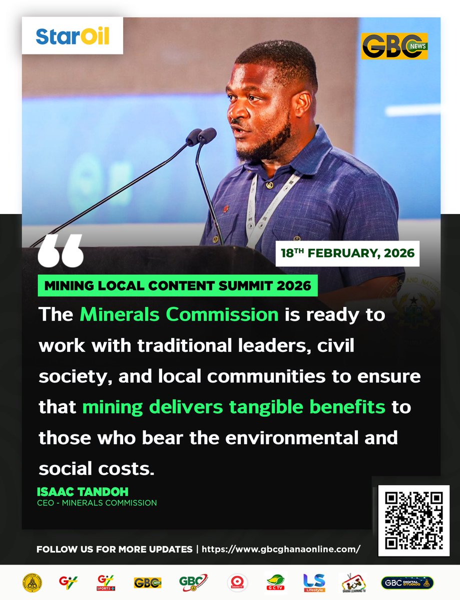 GTV_Ghana's tweet image. The Minerals Commission is ready to work with traditional leaders, civil society, and local communities to ensure that mining delivers tangible benefits to those who bear the environmental and social costs.

-Isaac Tandoh, CEO, Minerals commission 

#gbcnews
#minerals