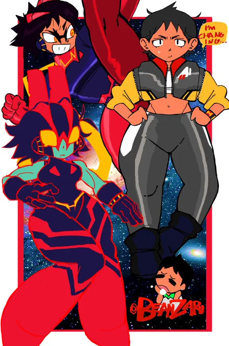 Each girl's design represents a different era in tokusatsu: Momo (Kaijuman) represents the Showa era, Kamen Rider Ichigo and Zyuranger specifically! Camila (Hypergal) represents the Heisei era, Ultraman Mebius and the crew GUYS! Detective Rin represents Gavan Infinity!