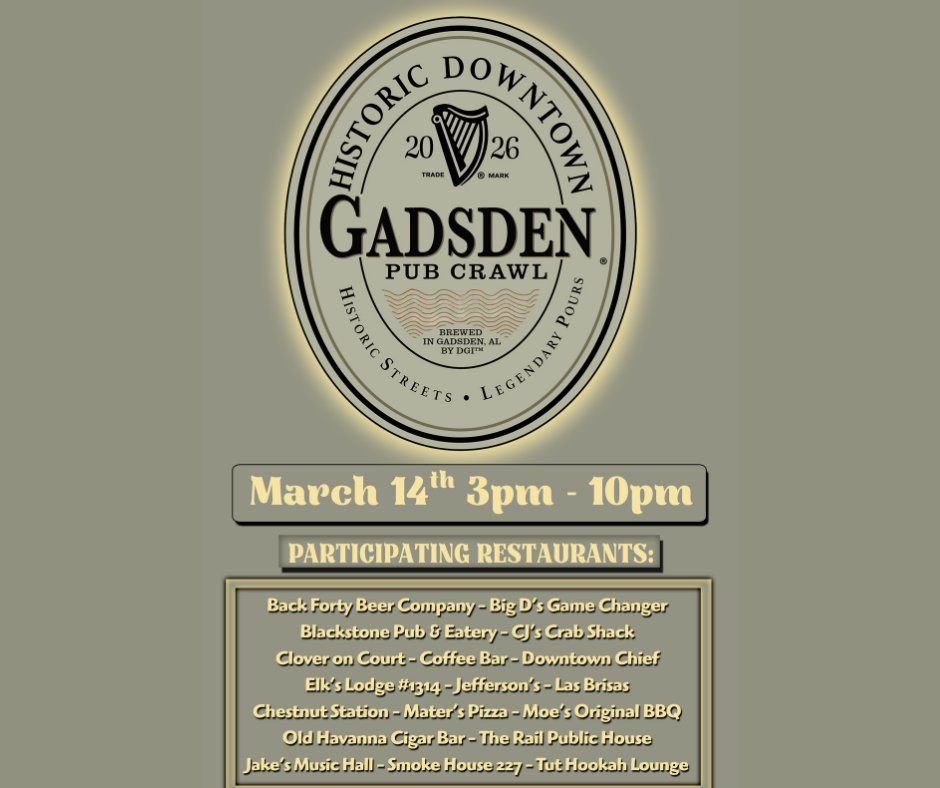 DowntownGadsden's tweet photo. Save the date! 🍀The downtown Gadsden St. Patrick's pub crawl is Saturday March 14! 🍀 https://t.co/ojoAKovHoM   #downtowngadsden #eatlocal #drinklocal #broadandbeyond #belocal #GottaGetToGadsden https://t.co/1rbgKWk004