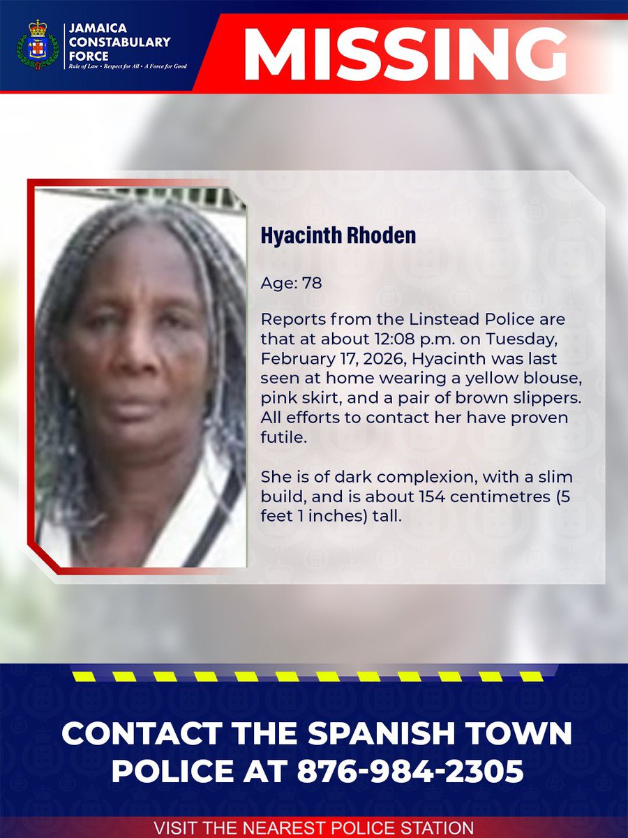 JamaicaConstab's tweet photo. Help us locate missing Hyacinth Rhoden. If you know her whereabouts, please call the Spanish Town Police or the nearest police station. 

#Missing https://t.co/fBhbbRm0SY