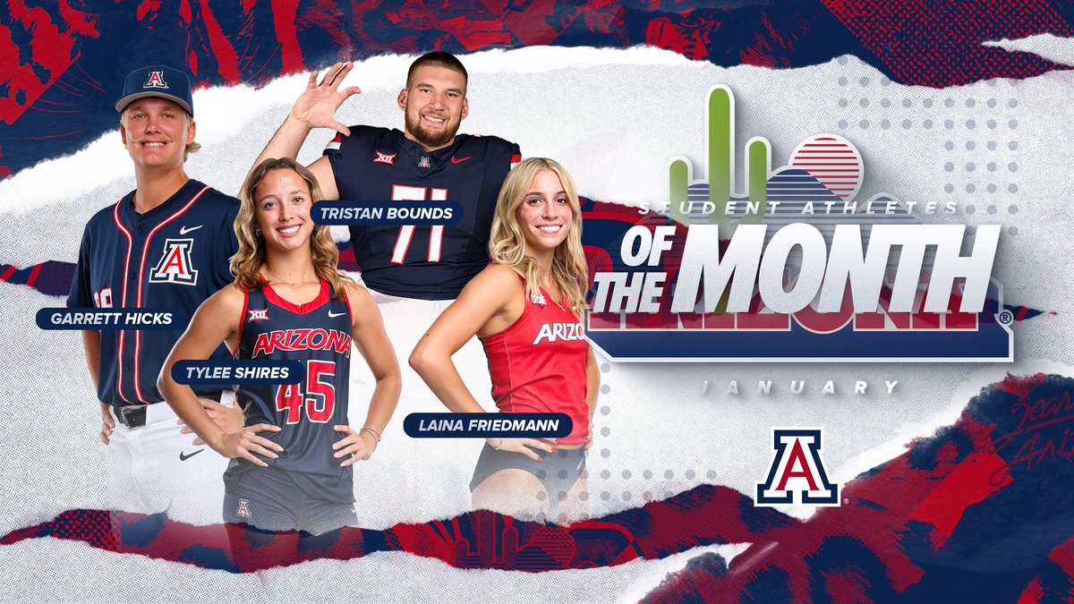 🥁Drumroll for our star Student-Athletes of January, starting 2026 strong!!🏆 So proud of your performance and progress! 💪🏻 📚
 Wish you the best and more! ❤️
 Tristan Bounds <a href="/ArizonaFBall/">Arizona Football</a> Garrett Hicks <a href="/ArizonaBaseball/">Arizona Baseball</a> Laina Friedmann <a href="/ArizonaTrack/">Arizona Track & Field/Cross Country</a> Tylee Shires <a href="/ArizonaBVB/">Arizona Beach Volleyball</a>