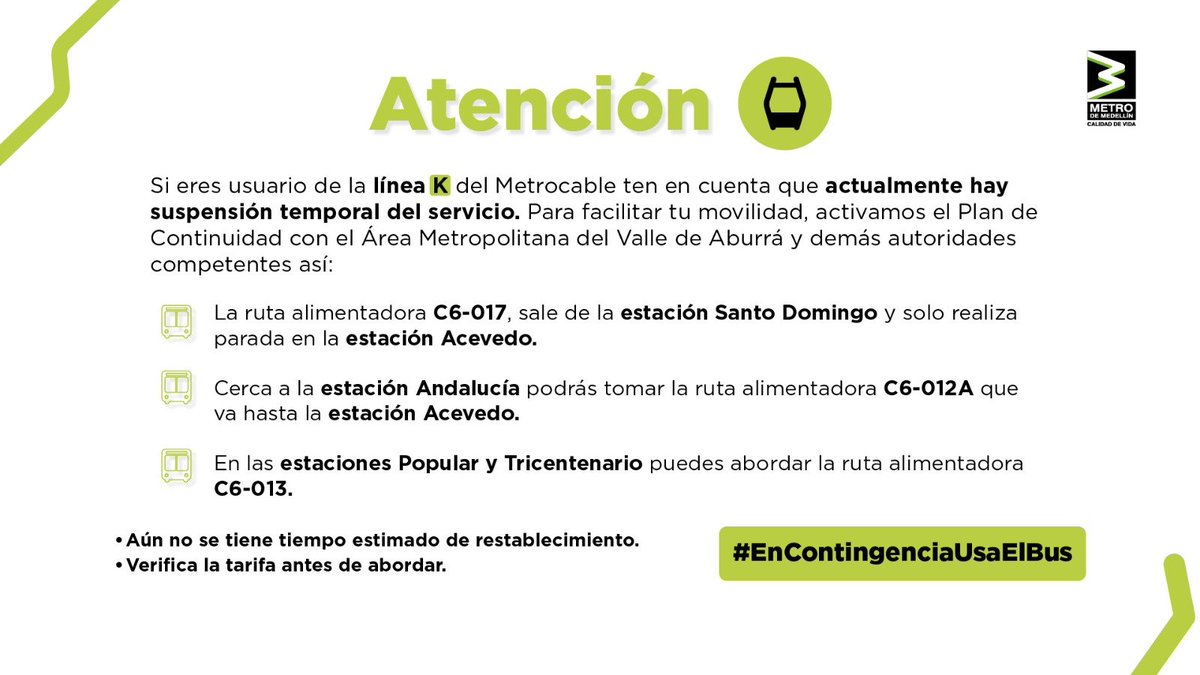 BLUAntioquia's tweet photo. #Darto A esta hora el Metrocable línea K del @metrodemedellin no presta servicio por un inconveniente técnico. No hay personas atrapadas, se logró evacuar a los usuarios de las cabinas. La situación la atienden cuadrillas de la empresa de transporte. #VocesySonidos @FicoGutierrez https://t.co/KEenhCuj7c