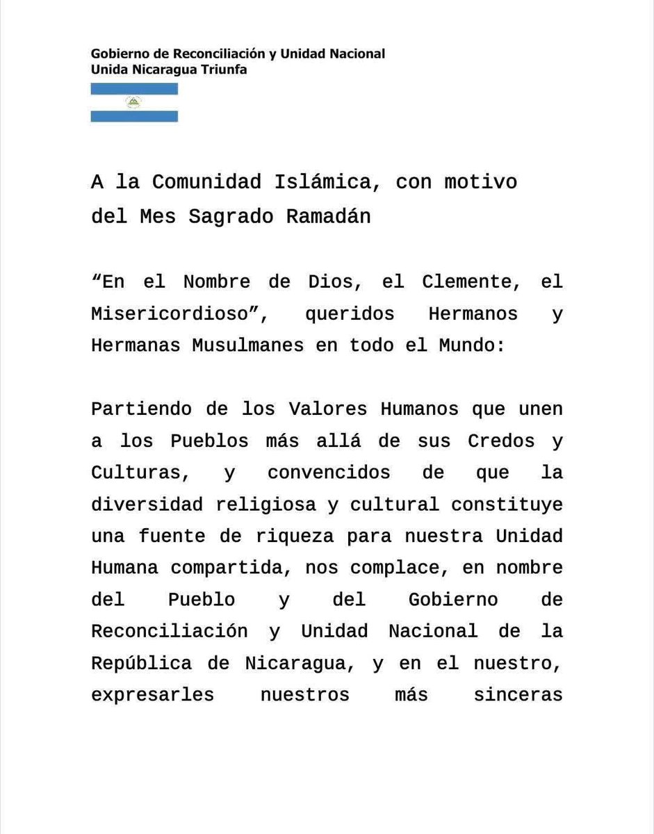 VivaNicaragua13's tweet photo. 🌙✨ El Gobierno de Nicaragua 🇳🇮 envía saludos y bendiciones a toda la Comunidad Islámica, con motivo del Mes Sagrado de Ramadán, les deseamos paz, salud y prosperidad. 🕌💫

#Ramadán2026 #PazYBendiciones https://t.co/tfjWkQHJVU