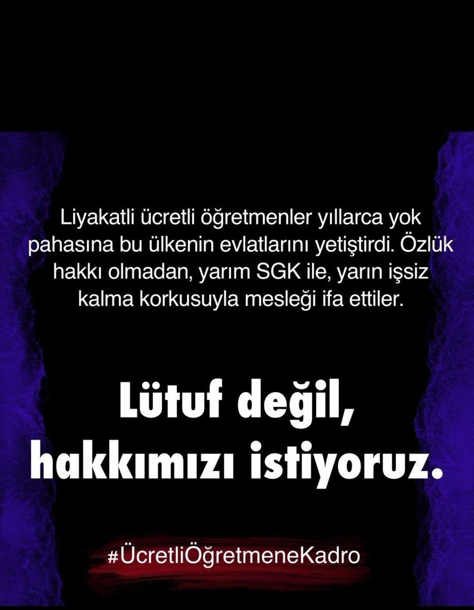 <a href="/mahfildijital/">Mahfil</a> <a href="/MeshurSabir/">صابرمشهور - Sabır Meşhur</a> Ücretli öğretmenlik, amacının dışında ucuz iş gücü olarak görülmekte. acilen ücretli öğretmenlikle ilgili gereken bir düzenleme getirilmeli. 5 yıl görev yapan öğretmenler akademiye alınmalı. Hali hazırdaki ücretli öğretmenlere gerekli hakları verilmelidir.
<a href="/tcmeb/">Millî Eğitim Bakanlığı</a> <a href="/Yusuf__Tekin/">Yusuf Tekin</a>