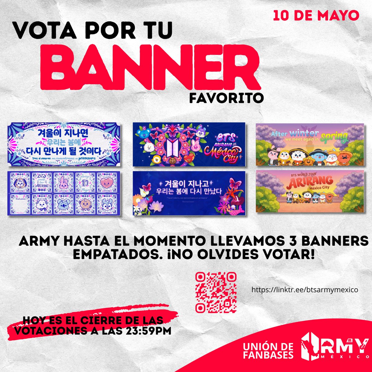 ÚLTIMO DÍA PARA VOTAR ‼️📢

Army, ¿Ya votaste por tu banner favorito? 

Link de votación 👇🏻
docs.google.com/forms/d/e/1FAI…