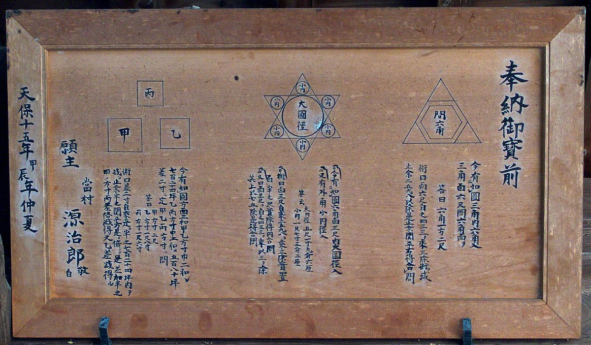 Sangaku are Japanese geometrical problems or theorems on wooden tablets which were placed as offerings at Shinto shrines or Buddhist temples during the Edo period by members of all social classes.

Wikipedia. 
Image: CC BY-SA 3.0 <creativecommons.org/licenses/by-sa…>, via Wikimedia Commons