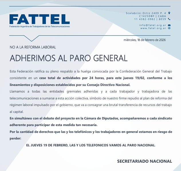 SUTTACH adhiere al paro nacional resuelto por CGT, por ello pedimos el acompañamiento de nuestras compañeras y compañeros, en la defensa de nuestros derechos laborales. 
Esta ley, destruye nuestra cálidad  de vida y el futuro de nuetras generaciones.
Comisión Directiva