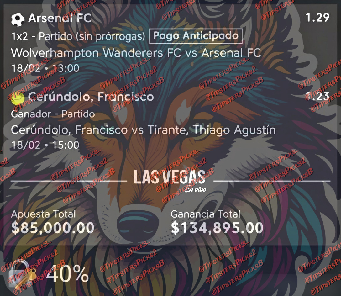 TipstersPicks_'s tweet photo. Tipster: Picks del Rick

Partidos:
- Wolverhampton Wanderers FC vs Arsenal FC
- Francisco Cerundolo vs Thiago Agustín Tirante

Deportes: Fútbol ⚽, Tenis 🎾
Competiciones: Champions League, ATP Río de Janeiro

⚠️ Juega responsablemente. https://t.co/vvHYjjujIu