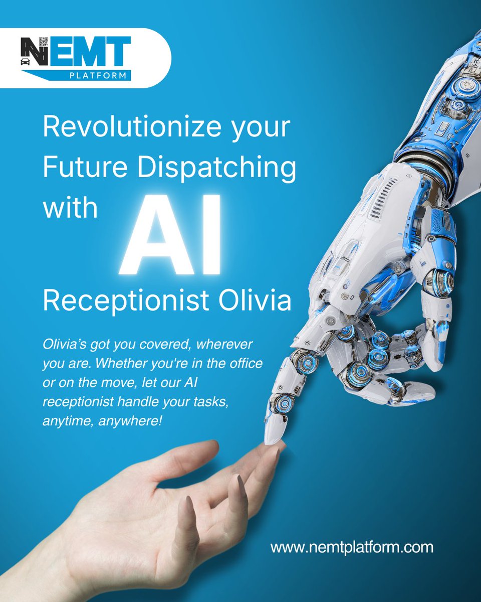 NemtPlatform's tweet image. Transform your dispatching process with Olivia, the Say goodbye to delays and hello to a smarter, more efficient way of running your NEMT service. Revolutionize your future today! 🚗🤖 

🌐 nemtplatform.com
✉️ info@nemtplatform.com

#AI #Innovation #Dispatching #NEMT