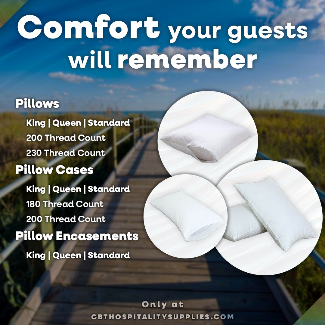 cbtmyrtlebeach's tweet photo. 🛏️ Comfort Your Guests Will Remember
King, Queen &amp; Standard pillows (200 &amp; 230 TC), pillow cases (180 &amp; 200 TC), and encasements.
Built for durability and guest satisfaction.
Better sleep. Better stays.
 🌐 https://t.co/TfzAkZx5aH https://t.co/o20J3IwAAx