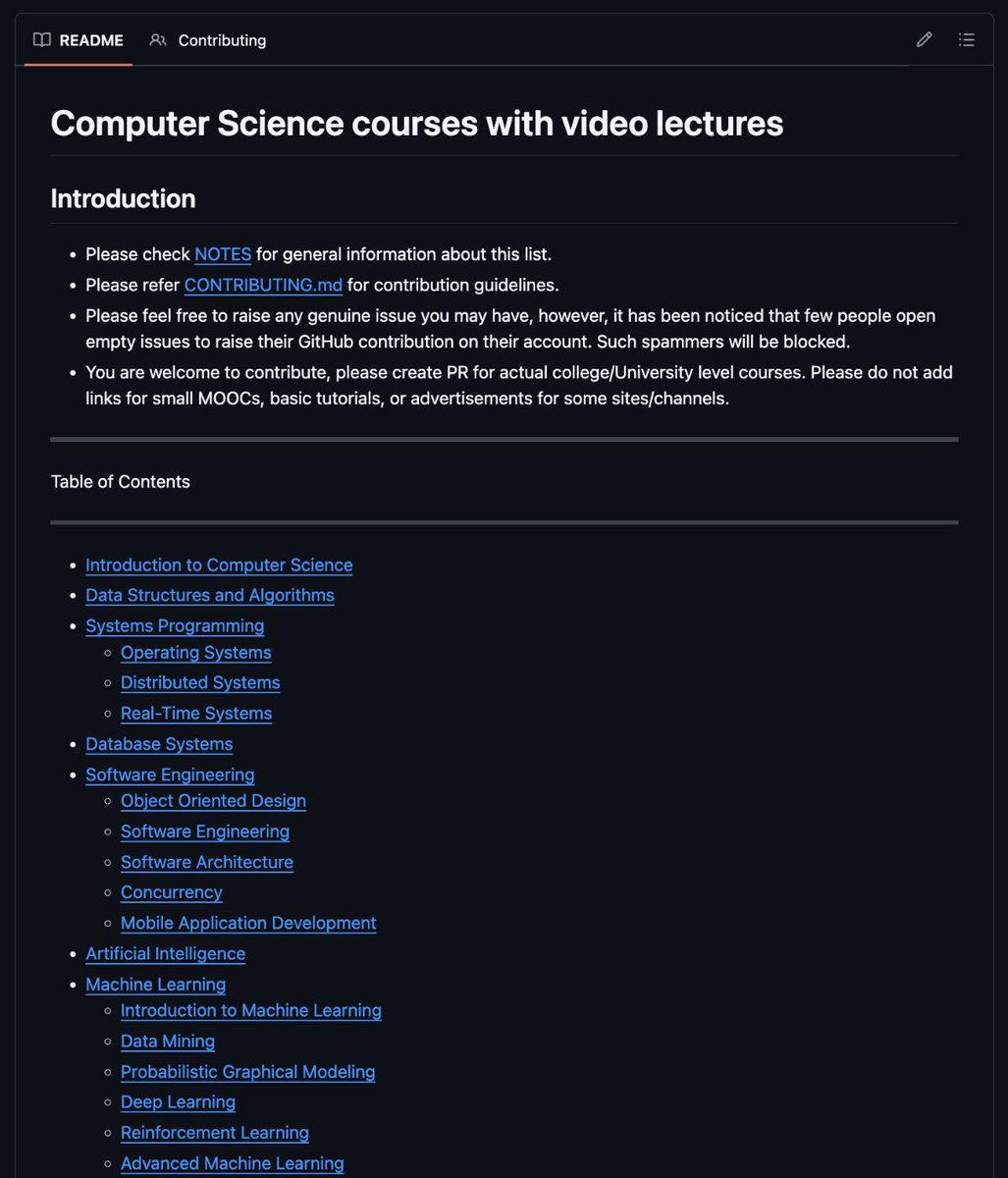 hasantoxr's tweet image. BREAKING: This GitHub repo contains literally every CS course you'll ever need.

It compiled with every CS course from MIT, Stanford, Harvard, CMU and Berkeley in one place.

You can learn:

- Algorithms, OS, Distributed Systems, ML, AI
- Deep Learning, Computer Vision, NLP, LLMs
