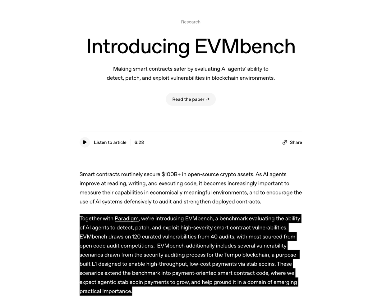 gakonst's tweet photo. Surreal to see our work at @paradigm &amp; @tempo in an @OpenAI research paper about agents and EVM smart contract security.

Smart contracts are critical infrastructure for the next 100 years of payments and finance.

Love that Foundry helped move the needle here. https://t.co/FoIpT2IgJ0