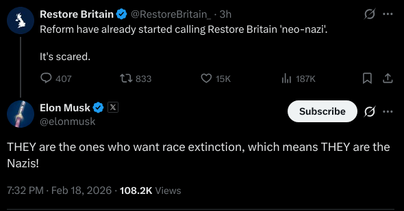 Reform UK, Elon Musk and Restore Britain appear to be having a rather hard time figuring out which one of them is the nazi. 

I'll save you the trouble, it's all three of you.