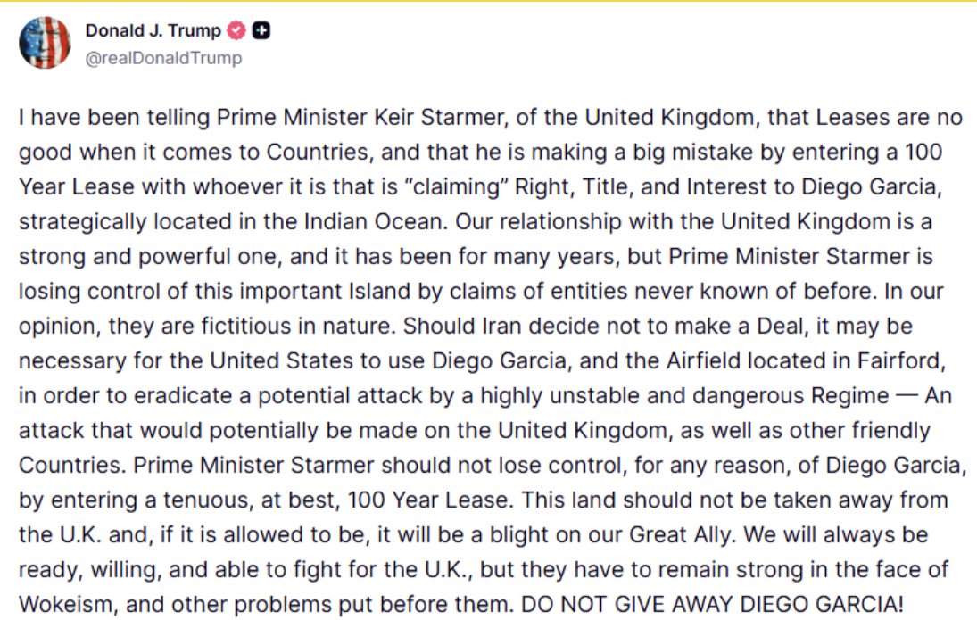 "Diego Garcia... should not be taken away from the UK, and if it is allowed to be, it will be a blight on our Great Ally"

Trump absolutely sticks it to Starmer over the Chagos Islands deal, and just when the PM thought he'd got him back