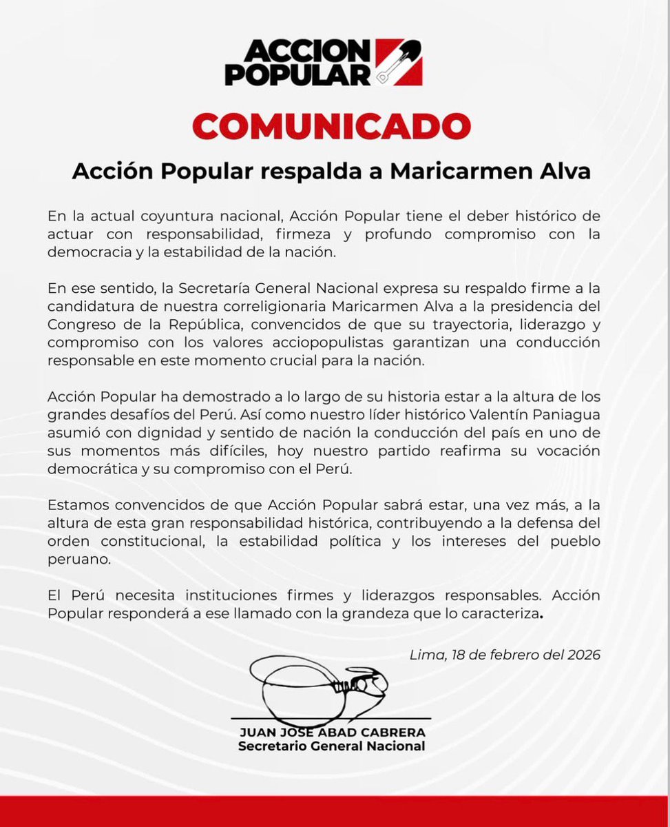Geison_Linares's tweet photo. Me adhiero al respaldo del Secretario General Nacional de #AcciónPopular a nuestra correligionaria @MaricarmenAlvaP
#Adelante https://t.co/mUqnKXGz3t