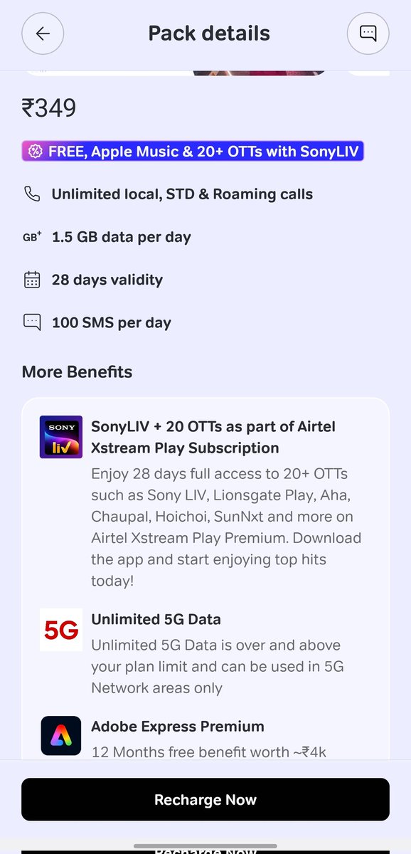 ashishg006's tweet photo. @airtelindia @Airtel_Presence @airtelnews I have recharged my Airtel number with the ₹349 prepaid plan, which explicitly states "FREE Apple Music &amp; 20+ OTTs with SonyLIV" as part of the included benefits. However, the OTT subscription benefit has not been activated on my account https://t.co/yN9bqxXKUe