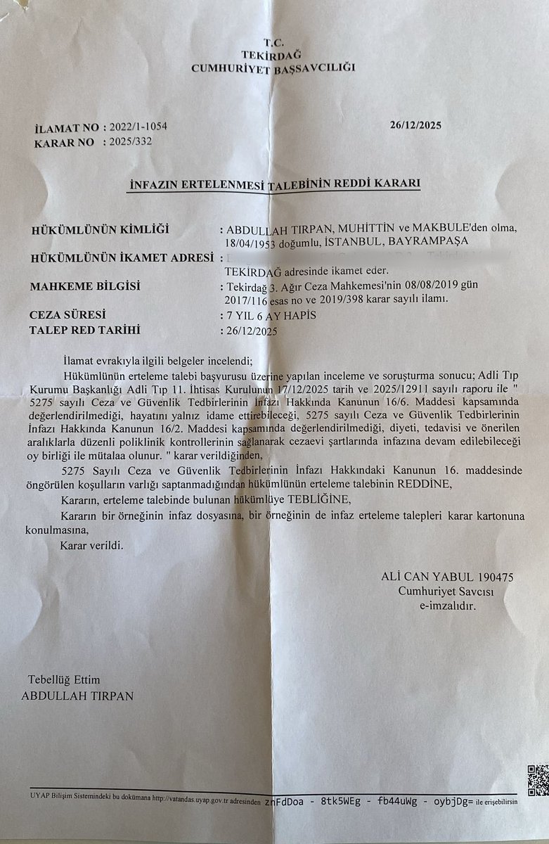 Adli Tıp, tuvalet dahil hiçbir kişisel ihtiyacını tek başına gideremeyen köfteci Abdullah Tırpan'a cezaevinde kalabilir raporu verdi. El insaf! 

AbdullahTırpan AcilTahliye