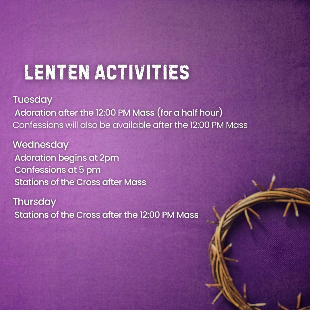 Join us this Lent for prayer, reflection, and renewal. ✝️

Take time each week for Adoration, Confession, and the Stations of the Cross as we journey together toward Easter.

Let’s make these forty days meaningful. 💜

#Lent #LentenJourney