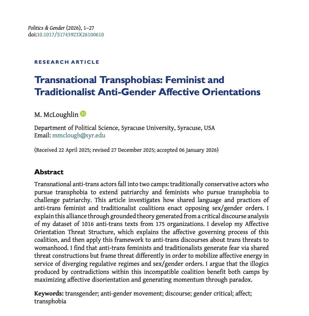 PoliticsGenderJ's tweet image. 📣 Out on #FirstView 📣 

In "Transnational Transphobias", @marymcloughlinn analyzes the coalition of anti-trans feminists and traditionalists through a framework informed by critical discourse analysis. 

🌟 Available #OpenAccess 🌟

buff.ly/z04AeFi