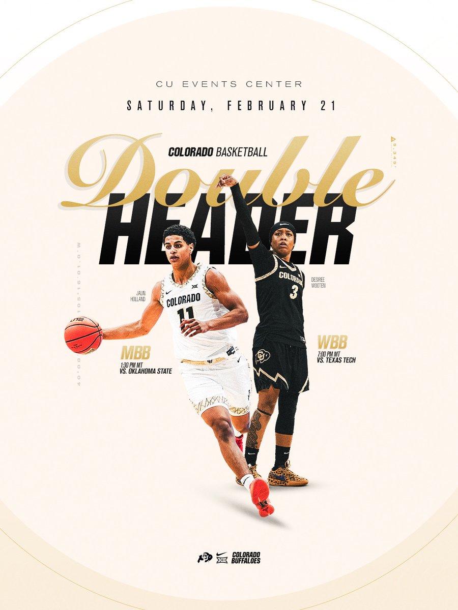 2x the hoops at CUEC this Saturday! 🦬

🏀 <a href="/CUBuffsMBB/">Colorado Men's Basketball</a> vs. Oklahoma State at 1:30pm 
🎟️ » buffs.me/MBBvsOSU

🏀 <a href="/CUBuffsWBB/">Colorado Women's Basketball 🦬</a> vs. Texas Tech at 7pm 
🎟️ » buffs.me/WBBvsTTU
