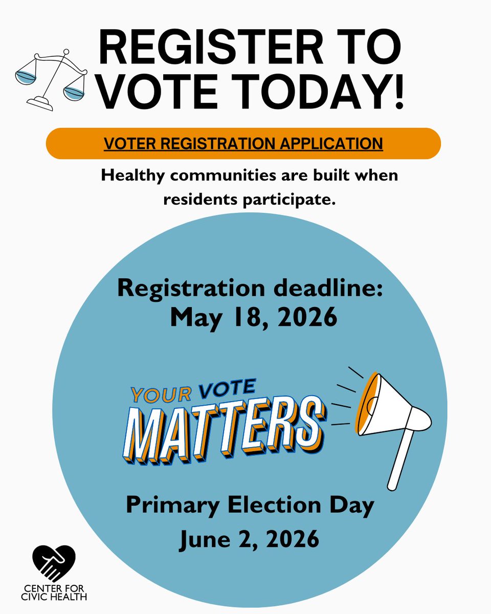 CPCAadvocates's tweet photo. Remember, every vote counts!

Be part of building a healthier community.

Register now and Vote in the Primary Election in June. ​ 🔗https://t.co/IrnQ0aaTIC

#CivicEngagement #HealthyCommunities #HealthEquity #StayInvolved #HealthCareAccess #CPCAADVOCATES https://t.co/FyVOXo0ukI