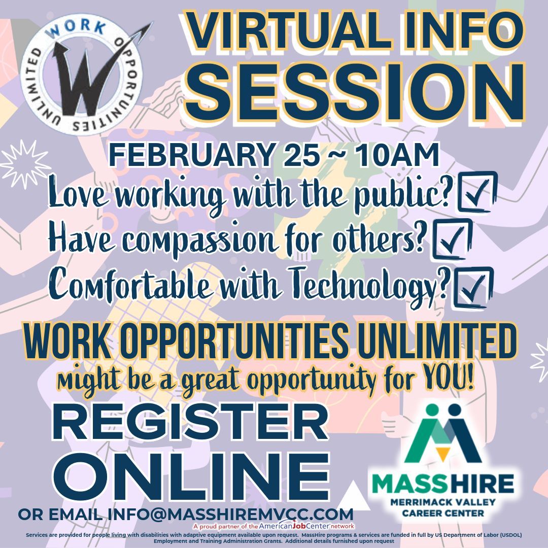 Join Us for a Virtual Info Session with Work Opportunities Unlimited! 
Join a dedicated team of professionals identifying opportunities, overcoming barriers, and achieving success with people of all abilities! 
📅 2/25/26
⏰ 10am
👉 Register today: forms.office.com/r/cPRqgM6wuq