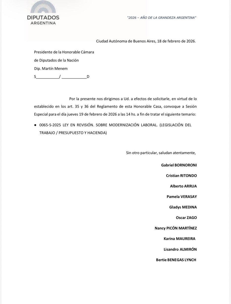 Jesi_mc's tweet photo. Confirmada la sesión en Diputados por la reforma laboral. Jueves 19/2 a las 14hs.
Los bloques que la piden suman justito 129. Atención que si les falta alguno van a ir a buscar a los tucumanos del PJ de Jaldo. O Catamarca o algunos sueltos de Unidos https://t.co/nqGkNDCCwW