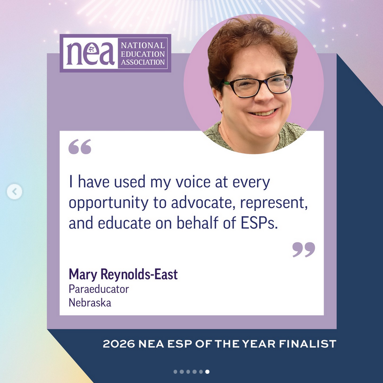 nsea_org's tweet photo. NSEA member Mary Reynolds-East, a paraeducator in Millard Public Schools, is one of five finalists for NEA’s Education Support Professional (ESP) of the year! Congratulations, Mary! 🏆👏 https://t.co/BQx8XD5tBC