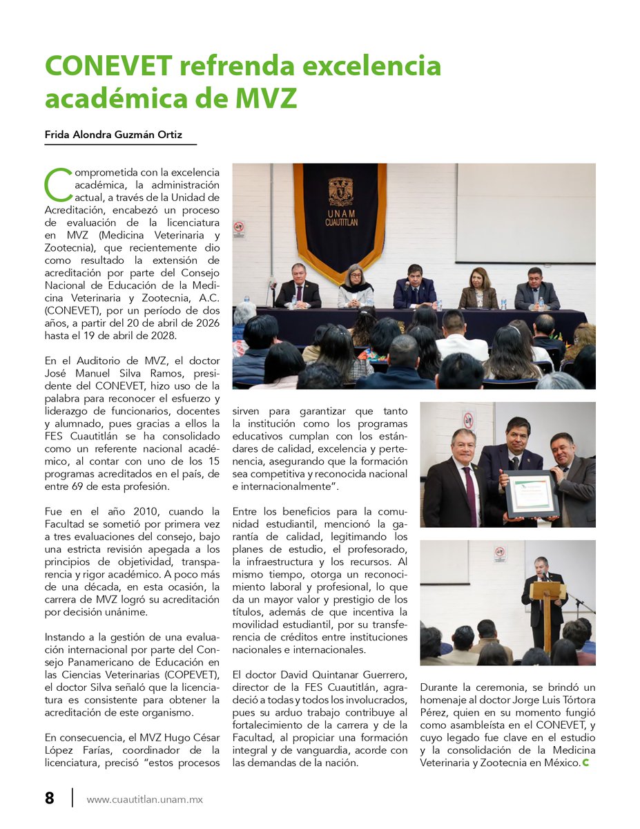 📰 Compartimos la nota de la Gaceta de la UNAM que destaca la entrega de placa por la extensión de la acreditación del CONEVET al programa de MVZ de la FES Cuautitlán. 🐾

📖 gacetacomunidad.cuautitlan.unam.mx/2026/02/coneve…

Fuente: Gaceta Comunidad UNAM FES Cuautitlán, 10 feb 2026.