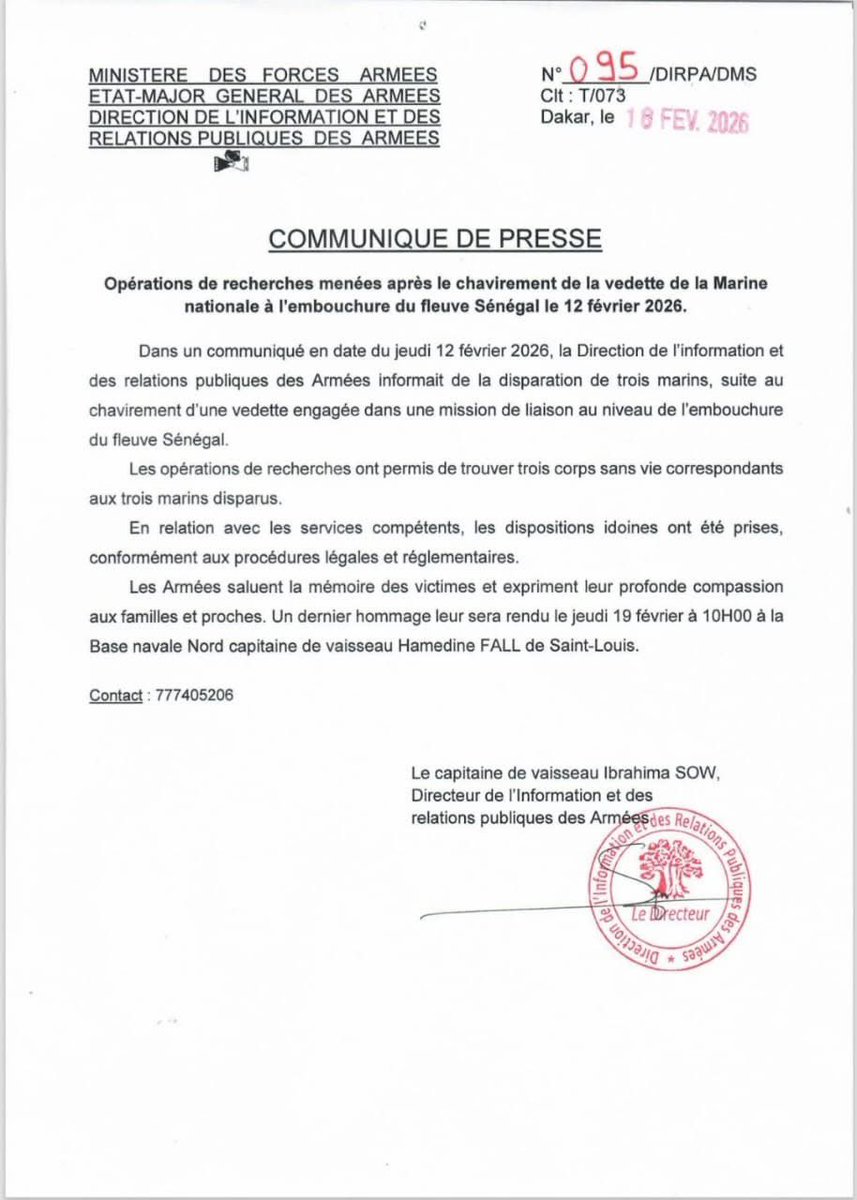 ColyPape5's tweet image. Communiqué #DIRPA
Opérations de recherches menées après le chavirement de la vedette de la Marine nationale à l’embouchure du fleuve Sénégal le 12 février 2026