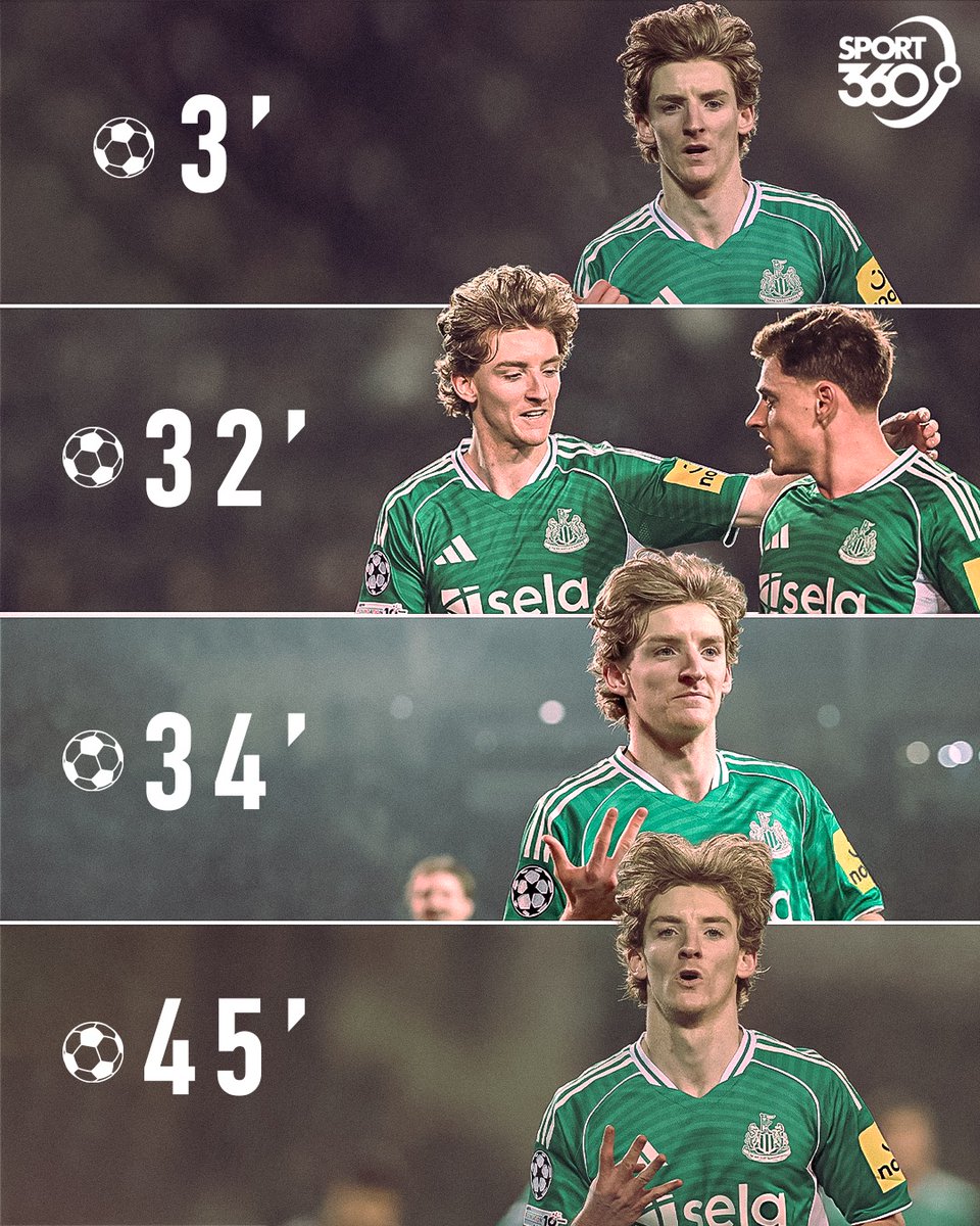 سوبر هاتريك خلال 45 دقيقة 😱
الهداف التاريخي لنيوكاسل في دوري أبطال أوروبا 👑
صاحب أسرع هدف للنادي في تاريخ البطولة ◀️ 𝟏𝟐𝟐 ثانية 🚀

ليلة خالدة في مسيرة أنتوني جوردون 🔥