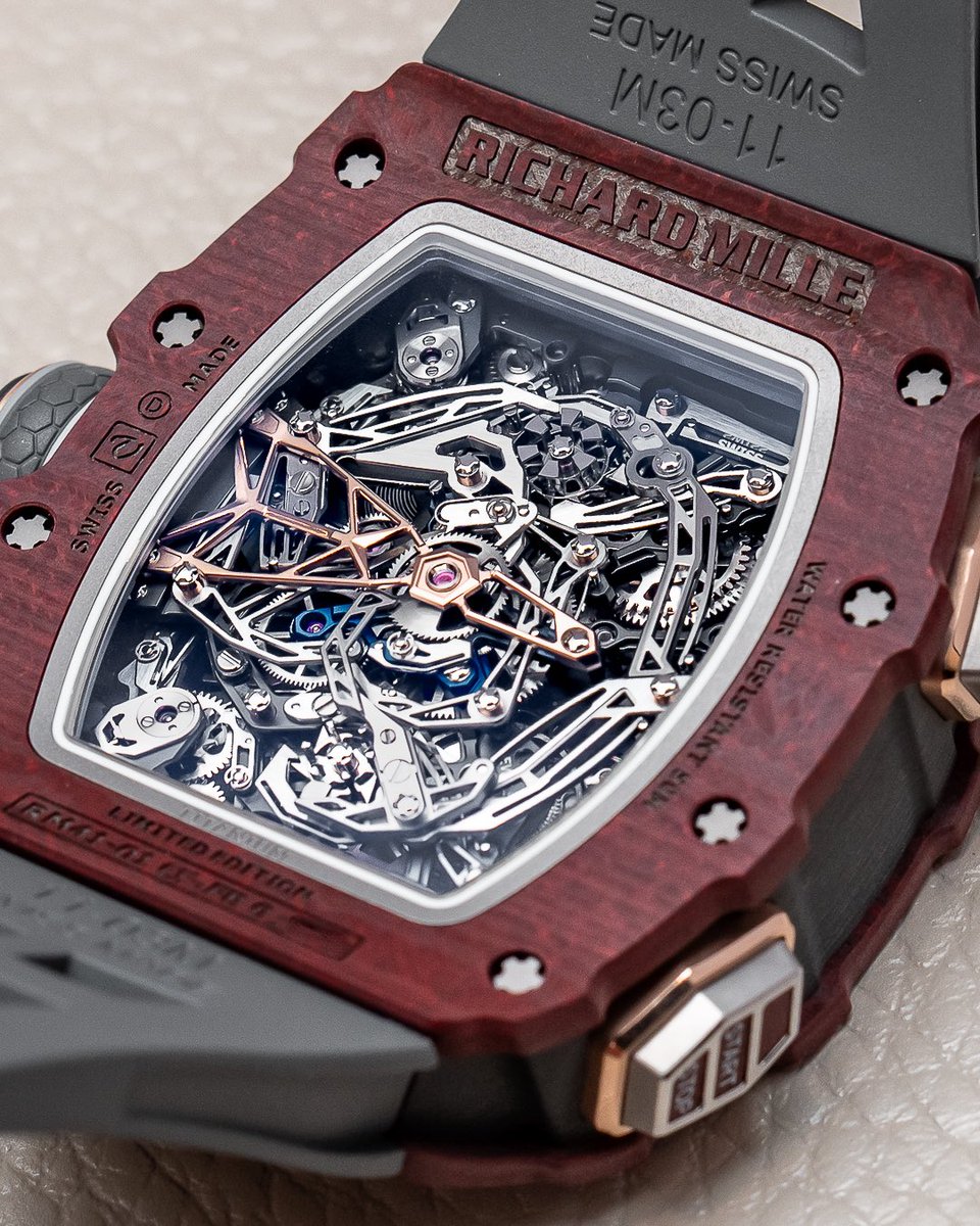 clockedby's tweet photo. The new Richard Mille RM 41-01 Tourbillon Soccer is a pretty wild piece with match phase and mechanical goal counter complications (not to mention the tourbillon flying chronograph). Also, there's the new Red Carmin Basalt TPT case which is a composite done through volcanic rock https://t.co/IwzwumOpE2