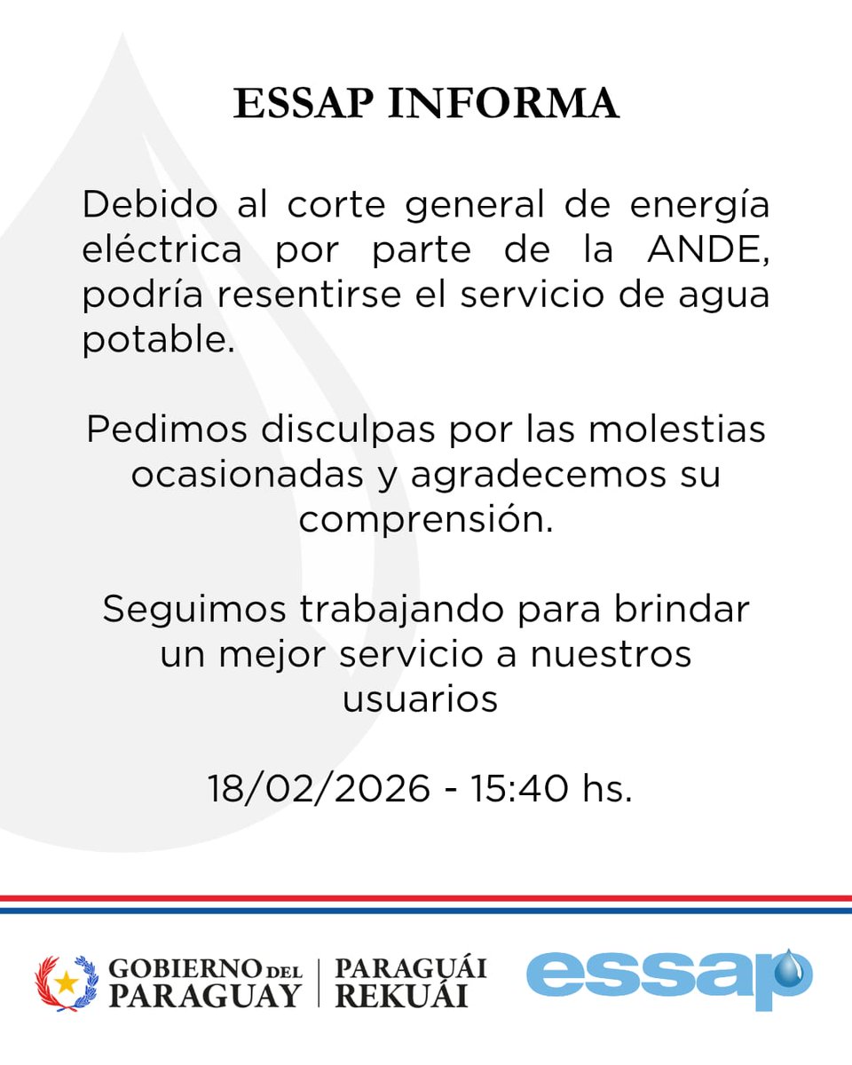 PARAGUAY, TENÉS QUE SOBREVIVIRLO... | 🥵🚱

🔥 La ESSAP acaba de informar que, debido al corte masivo de la ANDE, puede que el servicio de agua potable también se resienta.

🔥 Esto se da en medio de los días más calurosos del país, con temperaturas que superan los 40°.