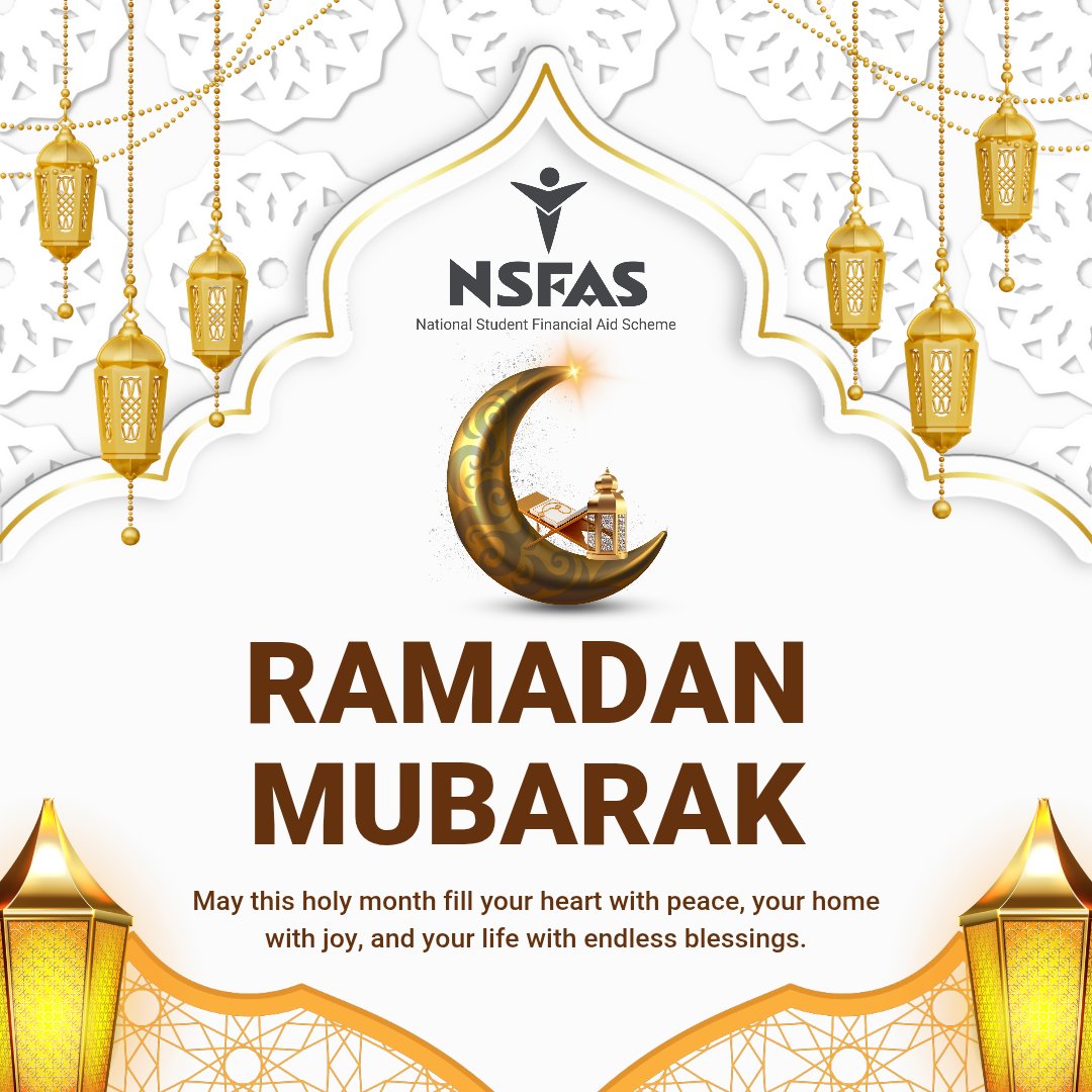 Ramadan Mubarak from NSFAS 🤲
Wishing all students, stakeholders, and communities observing this sacred month peace, reflection, and renewed strength. Together, we continue expanding access to education and opportunity for all.

#RamadanMubarak #NSFAS2026  #StudentSupport