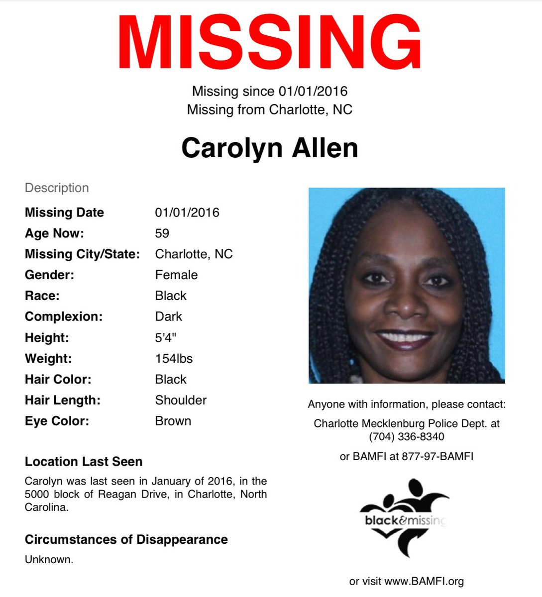 BAM_FI's tweet image. #Charlotte, #NC: Then 50y/o Carolyn Allen was last seen in January of 2016, in the 5000blk of Reagan Drive wearing a white t-shirt, blue jeans, and white sneakers. 

Have you seen her?

Please SHARE to #HelpUsFindCarolynAllen #CarolynAllen #HelpUsFindUs