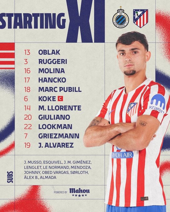 Club Brugge vs Atletico LINE-UPS: Lookman &amp; Alvarez start, Griezmann on

Club Brugge XI: Mignolet, Vanaken, Mechele, Christos Tzolis, Raphael Onyedika, Aleksandar Stanković, Nicolò Tresoldi, Joel Ordóñez, Kyriani Sabbe, Joaquin Seys, Mamadou Diakhon

Subs: Nordin Jackers, Gustaf