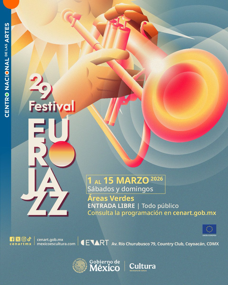 ¡Que no se te pase! Este año el Eurojazz vuelve a la víspera de primavera. Checa toda la información y asiste a uno de los festivales más longevos de la CDMX: cenart.gob.mx/festival-euroj… 🇪🇺🎷