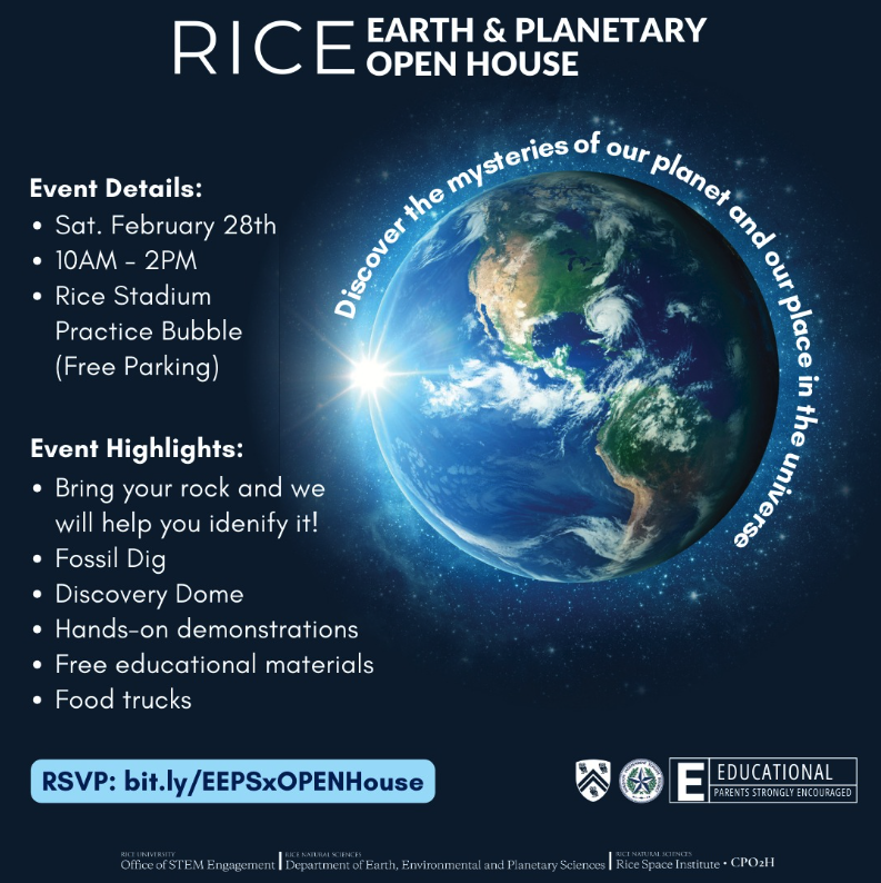 RiceU_STEM's tweet photo. 🌍✨ FREE Earth and space science event at @RiceUniversity! Join us for the Rice Earth &amp; Planetary Open House — families welcome!

📅 Feb 28 | RSVP now: https://t.co/8uU3EDe626 https://t.co/QWWThSPa1H