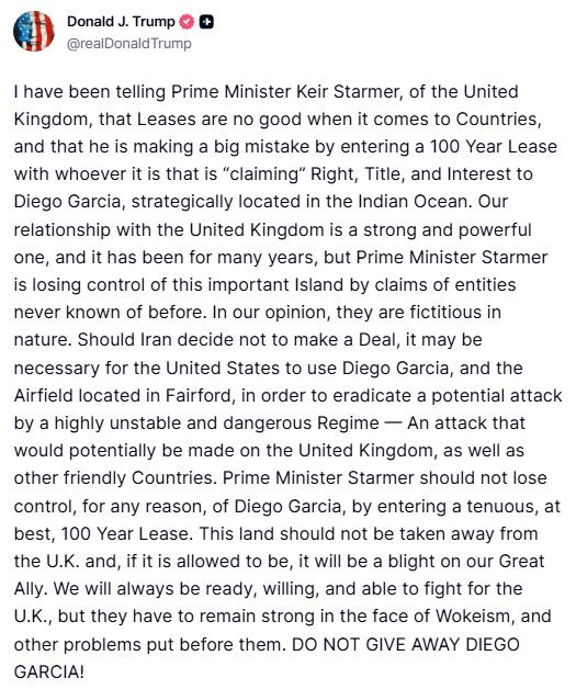 LeeHarris's tweet photo. "DO NOT GIVE AWAY DIEGO GARCIA!"

Thank God. Trump has seen sense. 

This deal is now dead in the water.
*** It's over ***

Keir Starmer must now be arrested for treason and a general election should be called. https://t.co/f5St4pgR1h