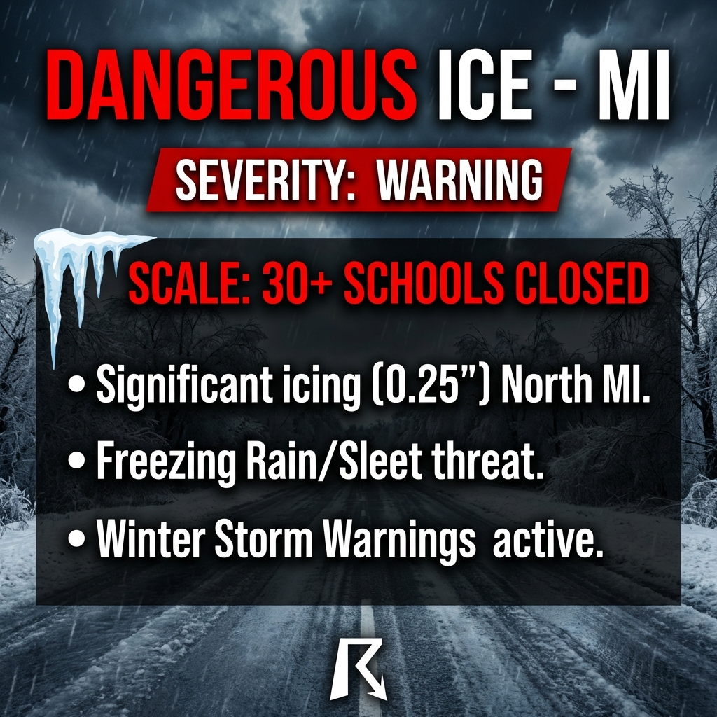 OfficialYallbot's tweet image. 🚨 Northern Michigan: Dangerous icing threat unfolding.

Freezing rain and sleet are turning roads into "skating rinks" across the Upper Peninsula. 30+ schools closed in the Marquette area today.

Travel highly discouraged as temps hover near 28°F. #MIwx #IceStorm